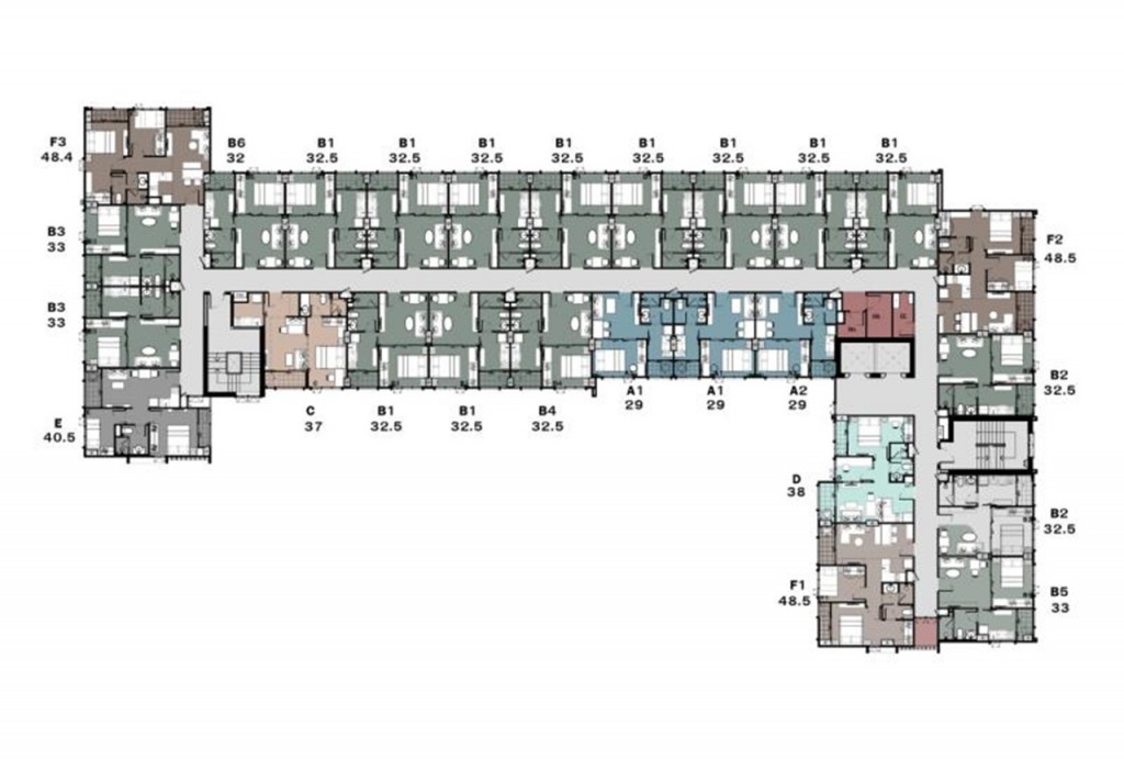 ผังอาคารชั้น 3-8 เป็นห้องพักอาศัย