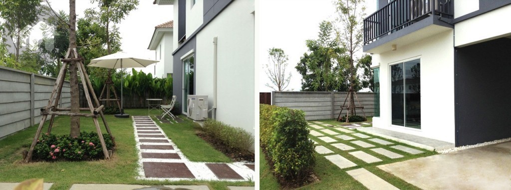 ทางโครงการปูหญ้าให้รอบบ้าน พื้นที่ว่างข้างบ้านสามารถดัดแปลงเป็นที่นั่งเล่น หรือจัดปาร์ตี้บาร์บิคิวเล็กๆ ได้ด้วย