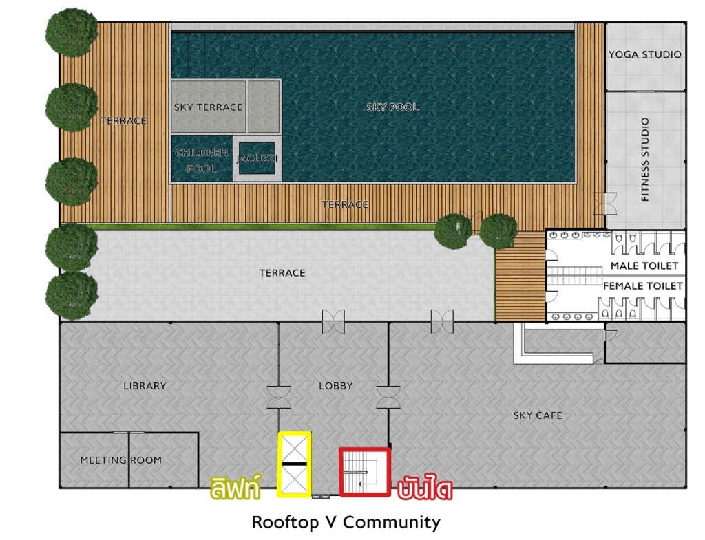 บริเวณชั้นดาดฟ้าเป็นพื้นที่สิ่งอำนวยความสะดวกต่างๆ ประกอบด้วยสระว่ายน้ำลอยฟ้า และจากุซซี่ ห้องอ่านหนังสือ ห้องประชุม คาเฟ่ ฟิตเนส ห้องโยคะ และสวนสุขภาพกลางแจ้ง