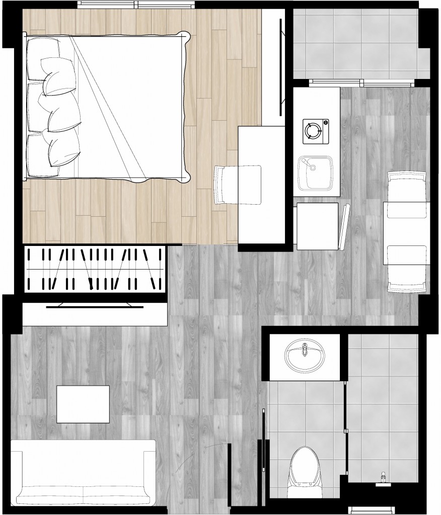 Type A1 ห้อง Type A, A1, A2, A3, A4, A5 มีการวางเลย์เอาท์เหมือนกันทั้งหมด แตกต่างกันเพียงพื้นที่ใช้สอย
