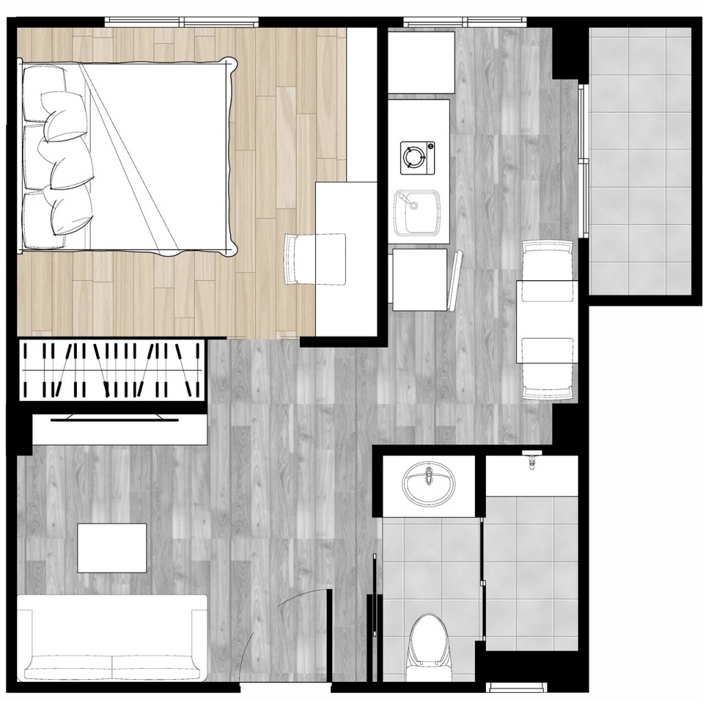 Type B การวางเลย์เอาท์เหมือนกับห้องแบบ Type A แต่เนื่องจากเป็นห้องมุมจึงมีพื้นที่ใช้สอยมากกว่า และมีพื้นที่สำหรับวางเครื่องซักผ้าอยู่ภายในห้องครัว ทำให้ได้พื้นที่ระเบียงกว้างขึ้น