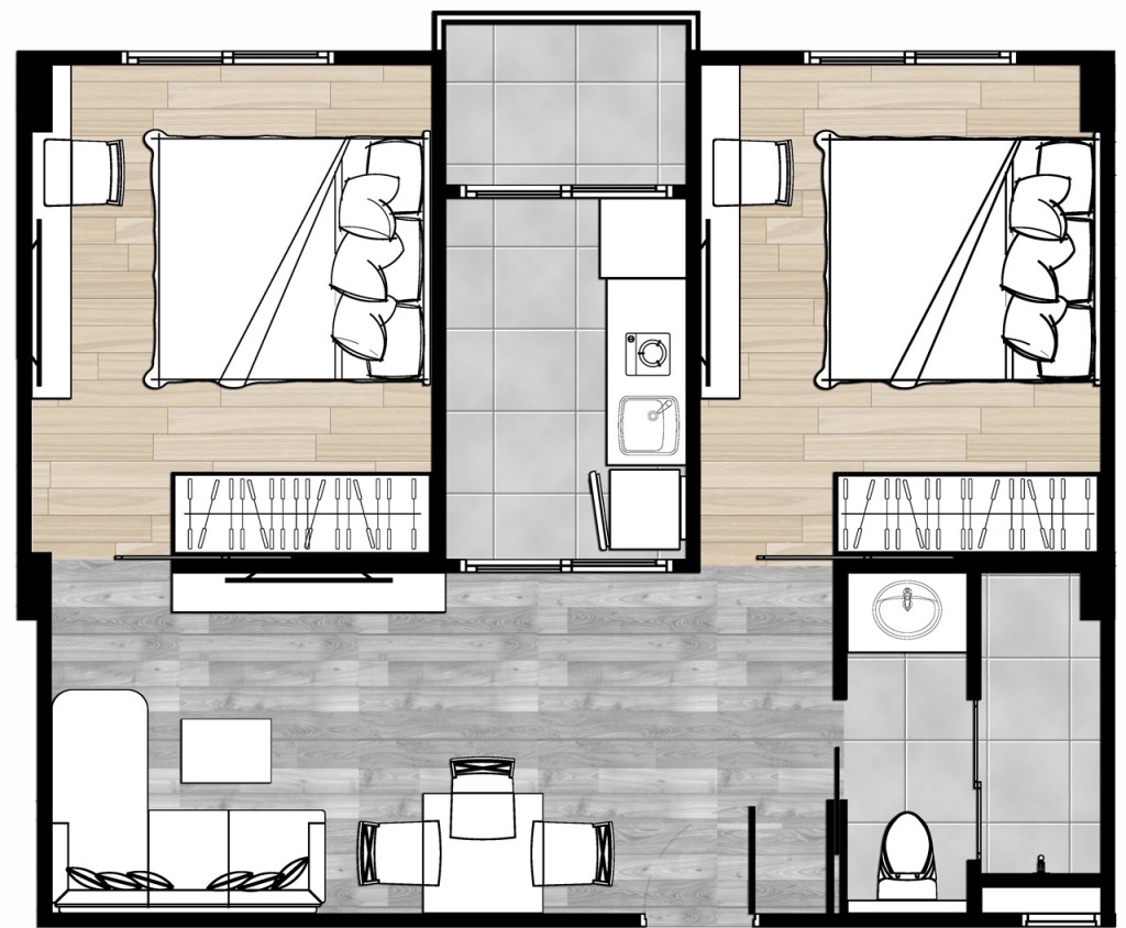 Type C ซึ่งเป็นห้องขนาด 2 ห้องนอน จะมีห้องนอนขนาดเท่ากันทั้ง 2 ห้อง ห้องครัวมีประตูบานเลื่อนกั้นเป็นสัดส่วน และมีพื้นที่สำหรับวางเครื่องซักผ้าอยู่ภายในห้องครัว ทำให้ได้พื้นที่ระเบียงกว้างขึ้น