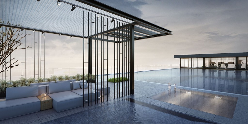 สระว่ายน้ำบนชั้นดาดฟ้าที่กว้างกว่าโครงการอื่นในทำเลเดียวกัน ขนาด 11x21.5 เมตร ลึก 1.5 เมตร พร้อมจากุซซี่ ลึก 1.3 เมตร