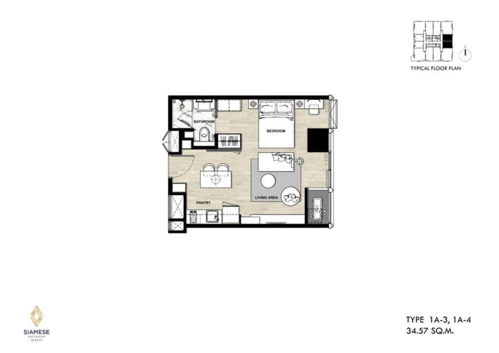 1 ห้องนอน แบบ 1A-3, 1A-4 พื้นที่ใช้สอย 34.57 ตารางเมตร