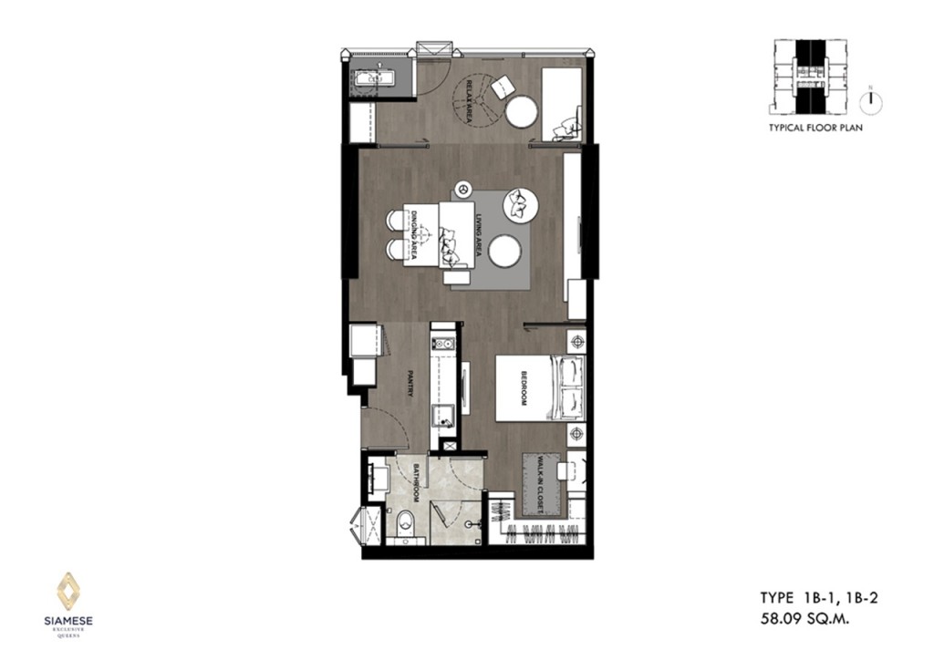 1 ห้องนอน (1 พลัส 1) แบบ 1B-1, 1B-2 พื้นที่ใช้สอย 58.09 ตารางเมตร