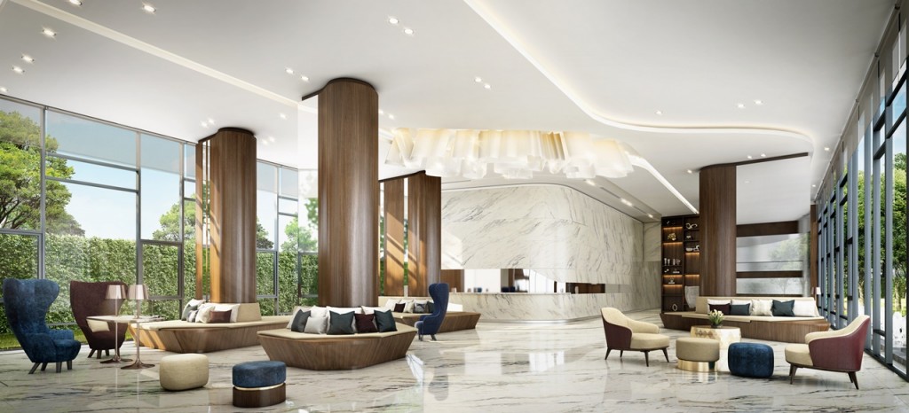 ล็อบบี้ เพดานสูงถึง 5 เมตร เปิดโล่งรับแสงธรรมชาติและโอบล้อมด้วยวิวสวนทั้งสองด้าน 
