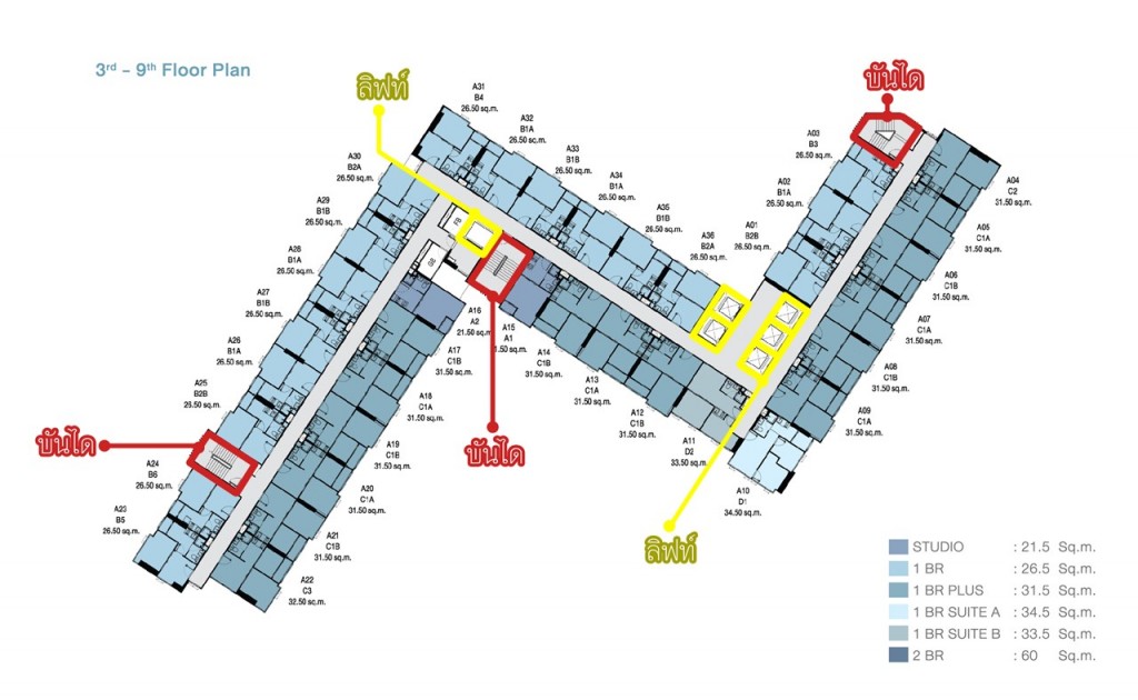 ชั้นที่ 3-9 ห้องพักอาศัย