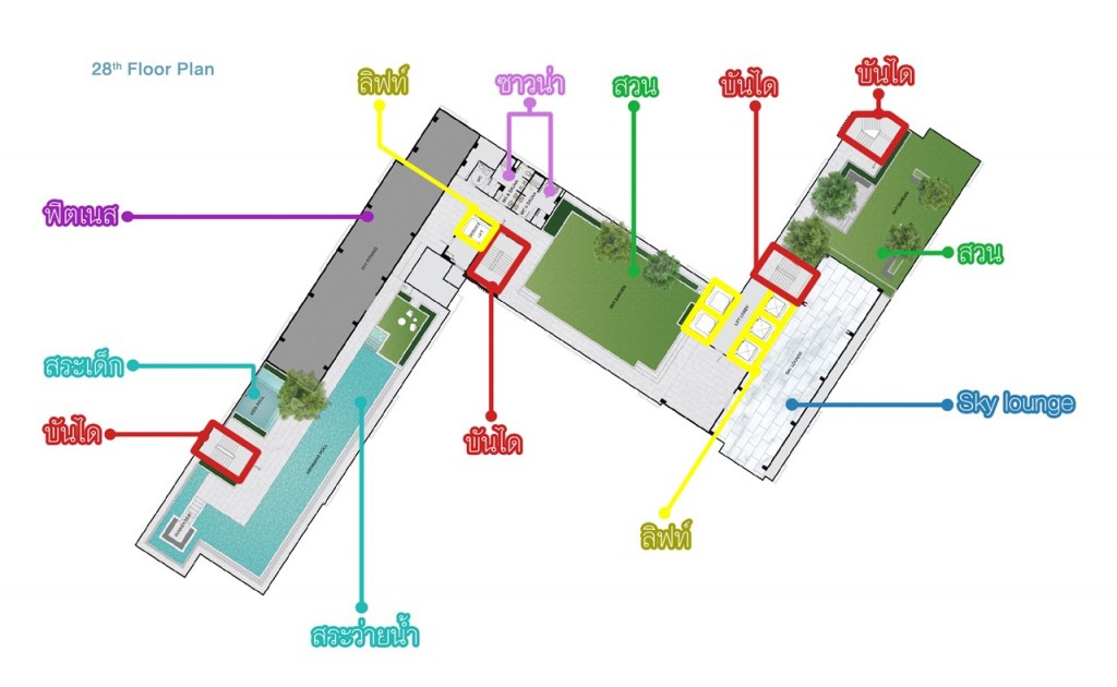 ชั้นที่ 28 สิ่งอำนวยความสะดวก อาทิ สวน ฟิตเนส สระว่ายน้ำระบบเกลือ พร้อมสระเด็ก Sky lounge และห้องซาวน่าแยกชาย-หญิง