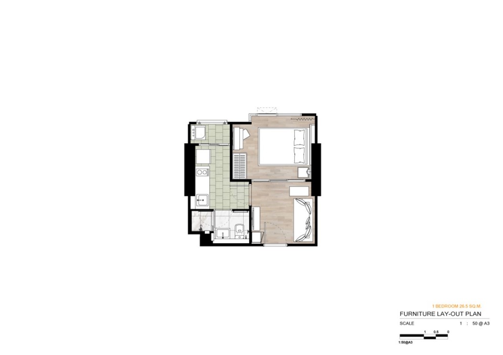 1 ห้องนอน พื้นที่ใช้สอย 26.50 ตารางเมตร