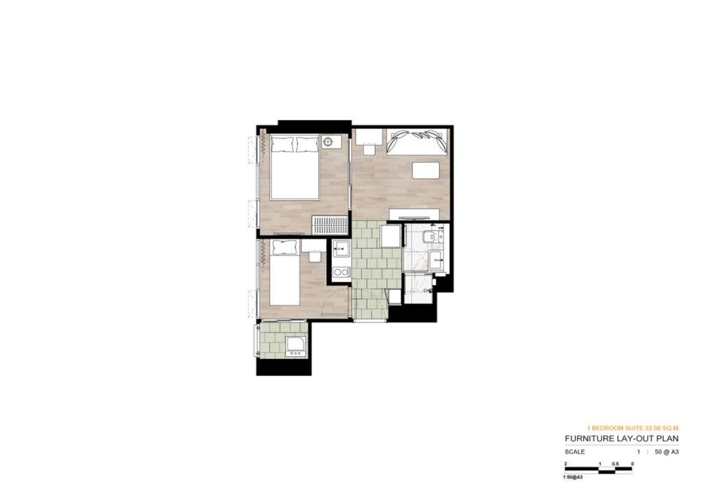 1 ห้องนอน สวีท พื้นที่ใช้สอย 33.50 ตารางเมตร