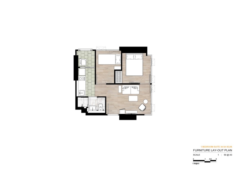 1 ห้องนอน สวีท พื้นที่ใช้สอย 34.50 ตารางเมตร
