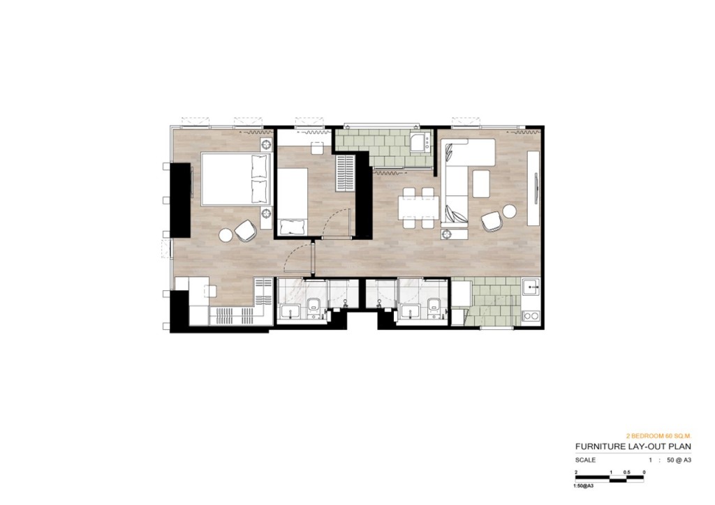 2 ห้องนอน พื้นที่ใช้สอย 60 ตารางเมตร