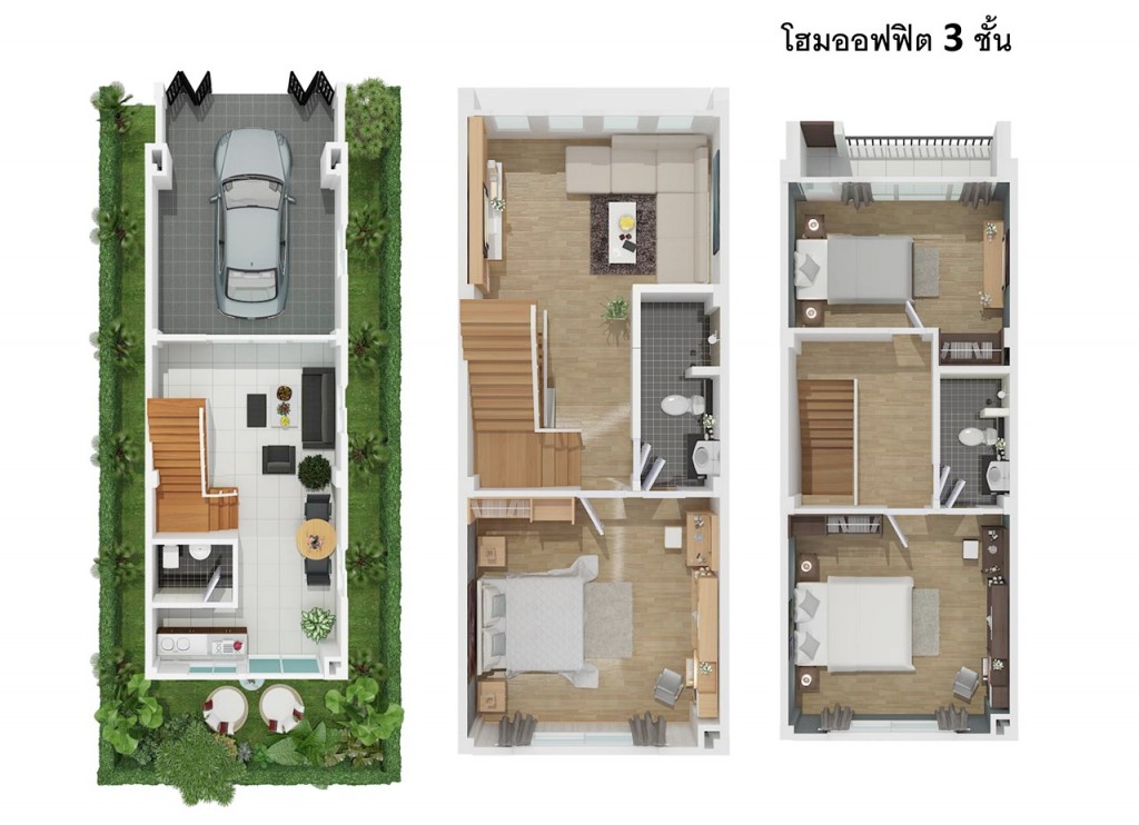 ทาวน์โฮม 3 ชั้น พื้นที่ใช้สอย 180 ตารางเมตร ที่ดิน 19.7 ตารางวา หน้ากว้าง 4.4 เมตร 