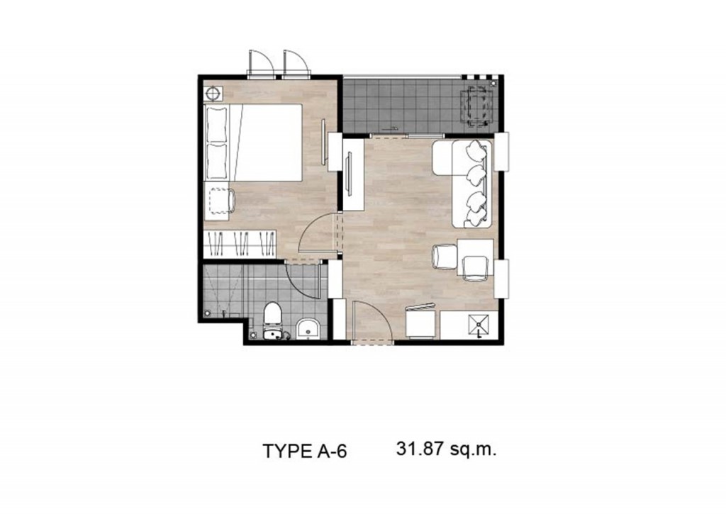 ห้องแบบ A6 พื้นที่ใช้สอย 31.87 ตารางเมตร