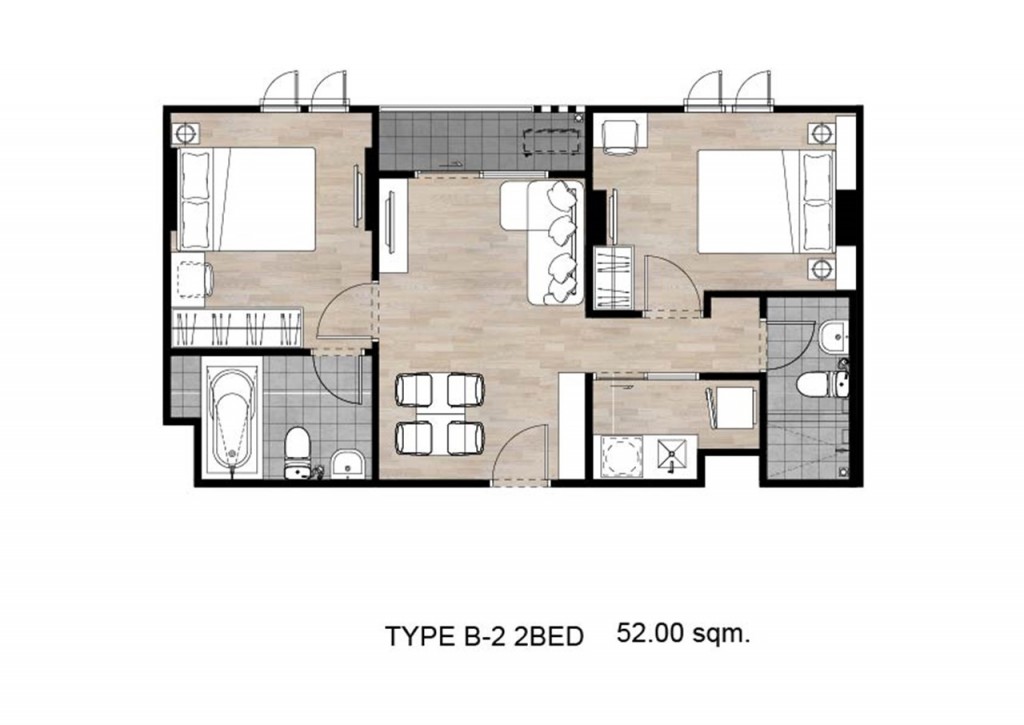 ห้องแบบ B2 พื้นที่ใช้สอย 52 ตารางเมตร