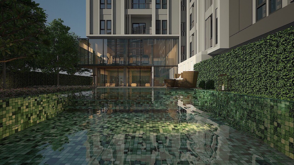 สระว่ายน้ำดีไซน์พิเศษที่ถูกออกแบบมาให้โอบล้อมด้วยแนวต้นไม้รอบสระที่ช่วยให้ร่มเงาระหว่างวัน สร้างความรู้สึกโปร่ง โล่ง สบาย เหมาะสำหรับการพักผ่อน