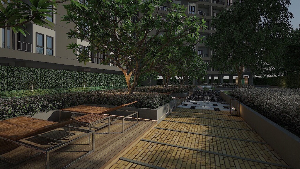 พื้นที่นั่งพักผ่อนข้างสระน้ำ พื้นใช้ลายขัดของหินสร้างลวดลายคล้ายเสื่อทาทามิ