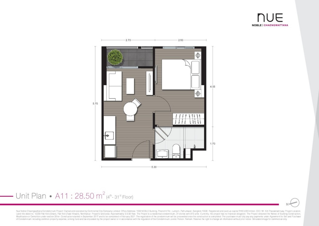 Type A11 ขนาด 1 ห้องนอน พื้นที่ใช้สอย 28.50 ตารางเมตร 