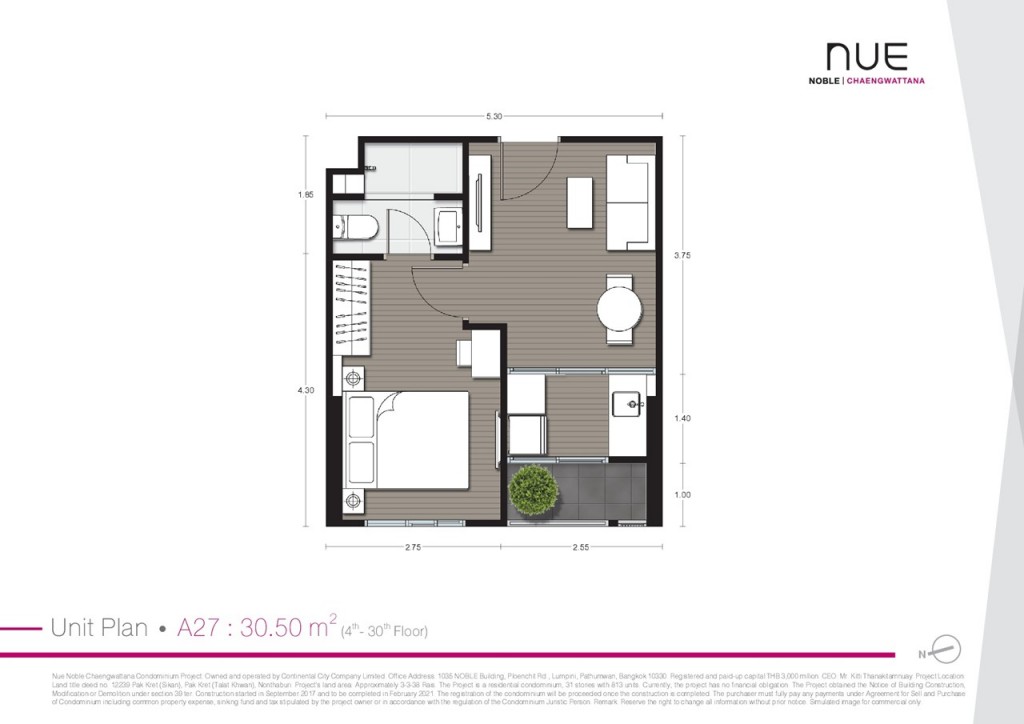 Type A27 ขนาด 1 ห้องนอน พื้นที่ใช้สอย 30.50 ตารางเมตร