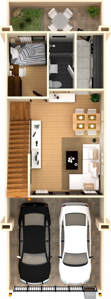 ชั้นที่ 1 ห้องรับแขก พื้นที่รับประทานอาหาร ห้องครัว ห้องนอนชั้นล่าง ห้องน้ำ และพื้นที่สวนหลังบ้าน