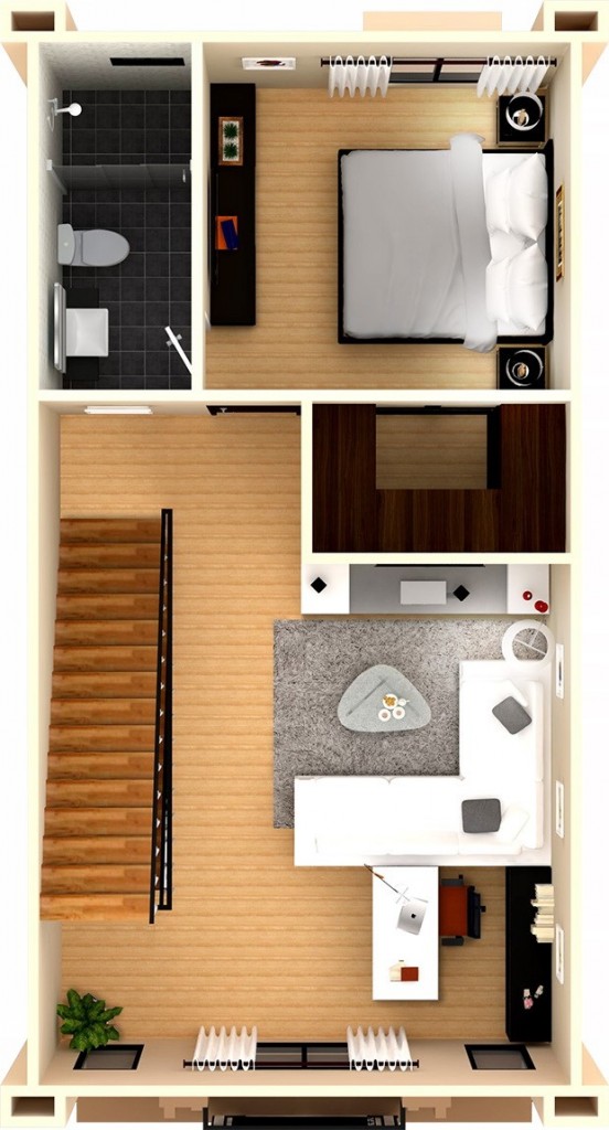 ชั้นที่ 2 ห้องนั่งเล่น พื้นที่โต๊ะทำงาน และห้องนอนใหญ่ พร้อมห้องน้ำ 1 ห้อง