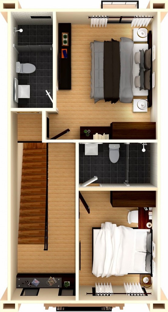 ชั้นที่ 3 ห้องนอนใหญ่ ห้องนอนเล็ก และห้องน้ำ 2 ห้อง