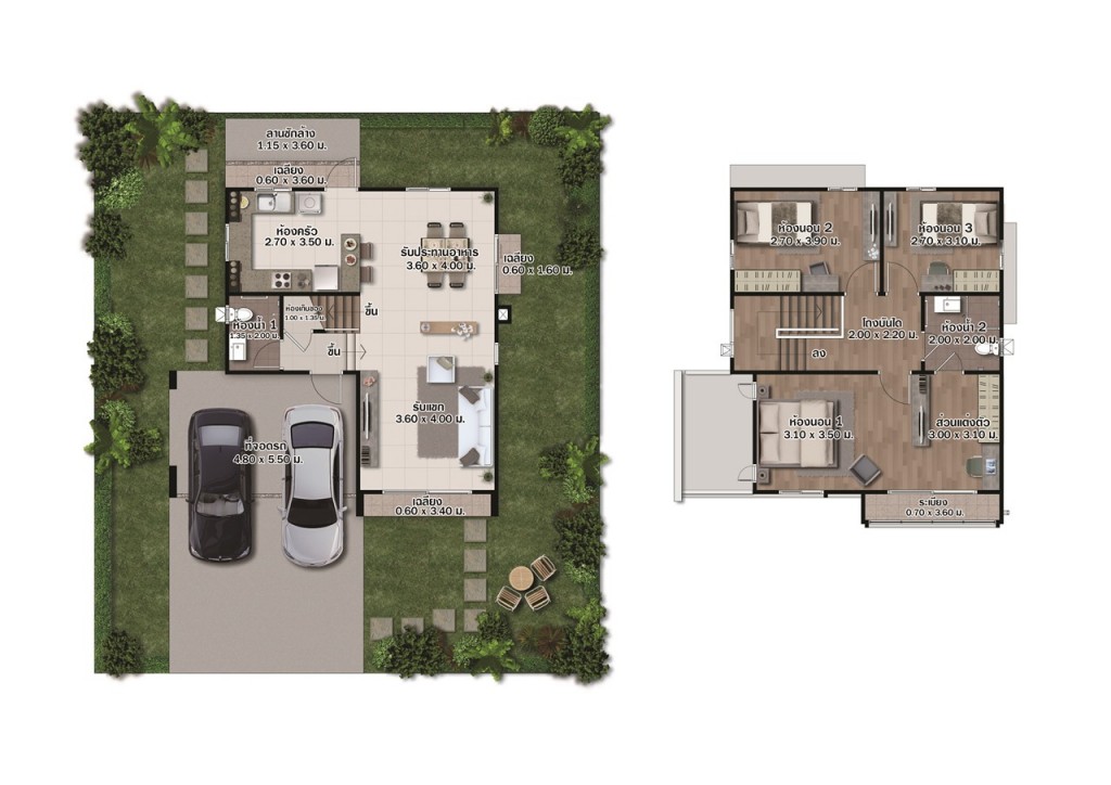 บ้านเดี่ยวแบบ The Square เนื้อที่ 50 ตารางวา พื้นที่ใช้สอย 135 ตารางเมตร ขนาด 3 ห้องนอน 2 ห้องน้ำ 2 ที่จอดรถ