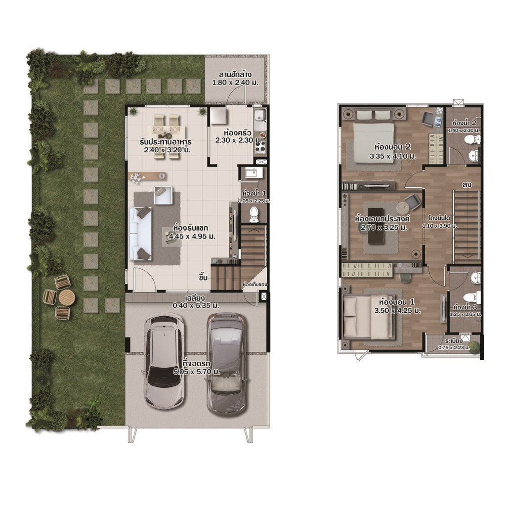 บ้านแฝดแบบ The Box เนื้อที่ 35 ตารางวา พื้นที่ใช้สอย 110 ตารางเมตร ขนาด 2 ห้องนอน 3 ห้องน้ำ 2 ที่จอดรถ