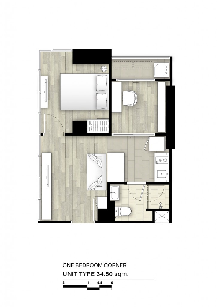 1 Bedroom Corner พื้นที่ใช้สอย 34.5 ตารางเมตร ห้องดีไซน์พิเศษ เปิดรับวิวแม่น้ำเจ้าพระยาด้วยผนังกระจกสูงจรดเพดาน