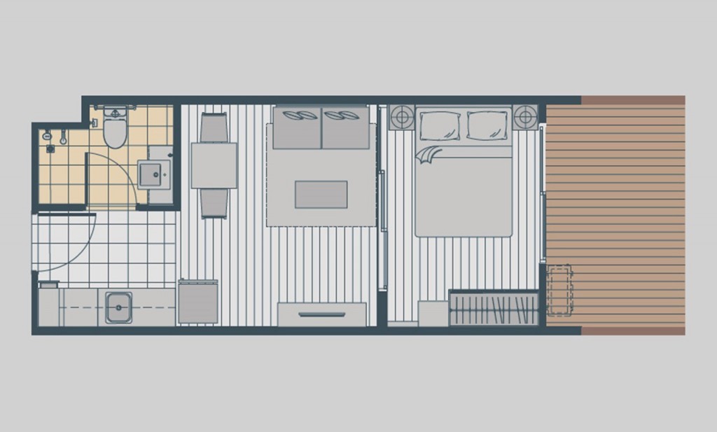 WE Pool 1 ห้องนอน พื้นที่ใช้สอย 34.50 ตารางเมตร วิวสระว่ายน้ำ พร้อมห้องน้ำในตัวและระเบียง