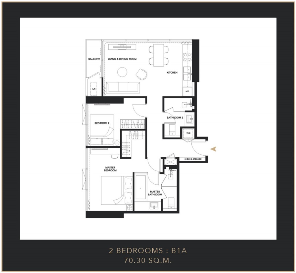 แบบ B1A พื้นที่ใช้สอย 70.30 ตารางเมตร 