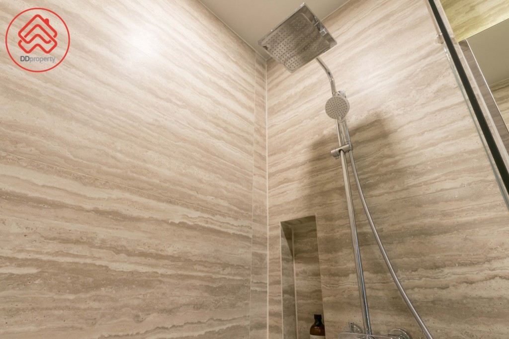 ฝักบัว และ Rainshower ของ Hansgrohe ด้านข้างเจาะเป็นช่องวางอุปกรณ์อาบน้ำ