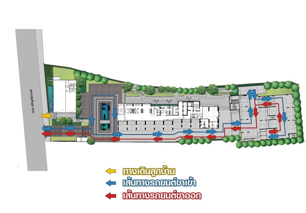 รถเข้า-ออกทางเดียว ด้วยระบบคีย์การ์ด และมีทางเดินสำหรับลูกบ้านแยกต่างหากเพื่อความปลอดภัย