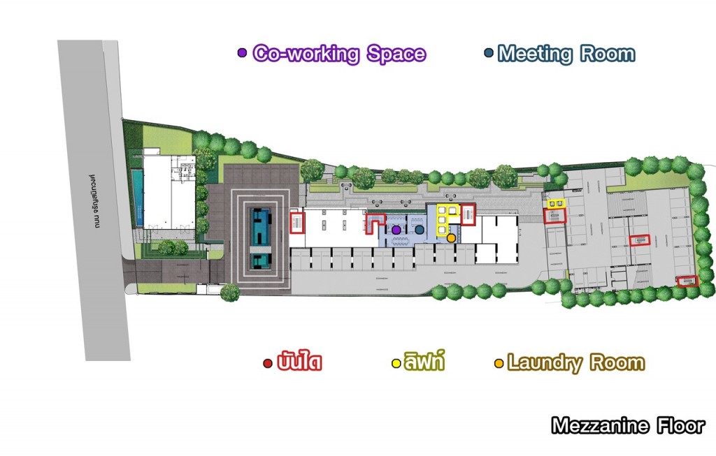 Mezzanine Floor อาคารพักอาศัยเป็น Co-working Space, Meeting Room และ Laundry Room