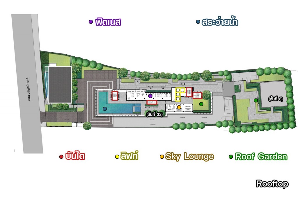 Rooftop อาคารพักอาศัยเป็นฟิตเนส สระว่ายน้ำ Sky Lounge และ Roof Garden อาคารที่จอดรถเป็น Roof Garden