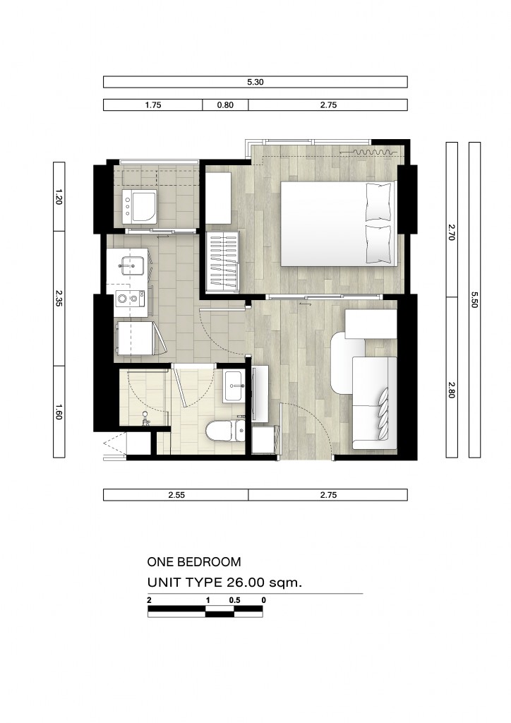 1 Bedroom พื้นที่ใช้สอย 26 ตารางเมตร แยกห้องนอนและห้องครัวเป็นสัดส่วน ทำครัวแบบจริงจังได้มากขึ้น