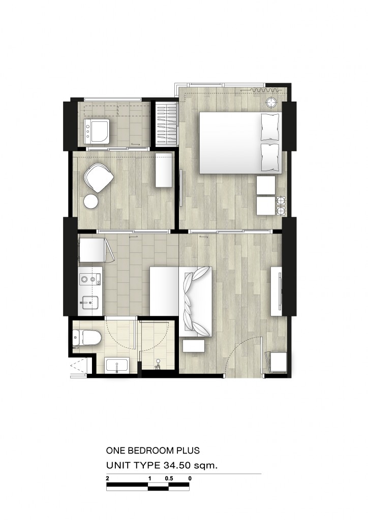 1 Bedroom Plus พื้นที่ใช้สอย 34.5 ตารางเมตร รองรับไลฟ์สไตล์ที่หลากหลายของผู้อยู่อาศัยได้อย่างเป็นสัดส่วนมากขึ้น