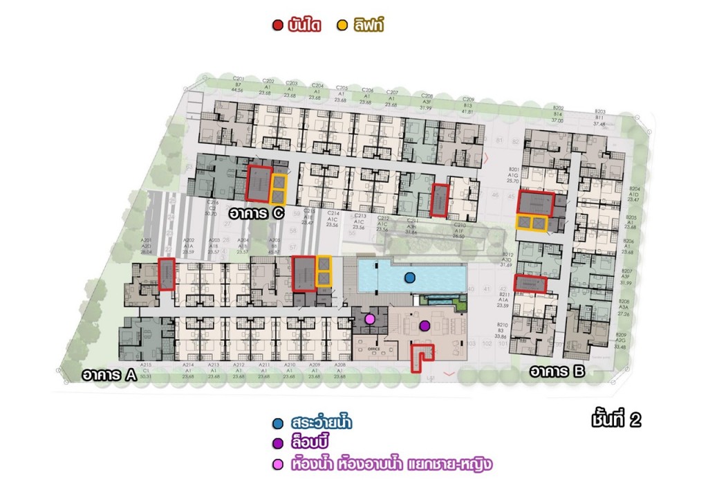 ชั้นที่ 2 อาคาร A เป็นชั้นพักอาศัย ล็อบบี้ และสระว่ายน้ำ อาคาร B เป็นชั้นพักอาศัย และอาคาร C เป็นชั้นพักอาศัย