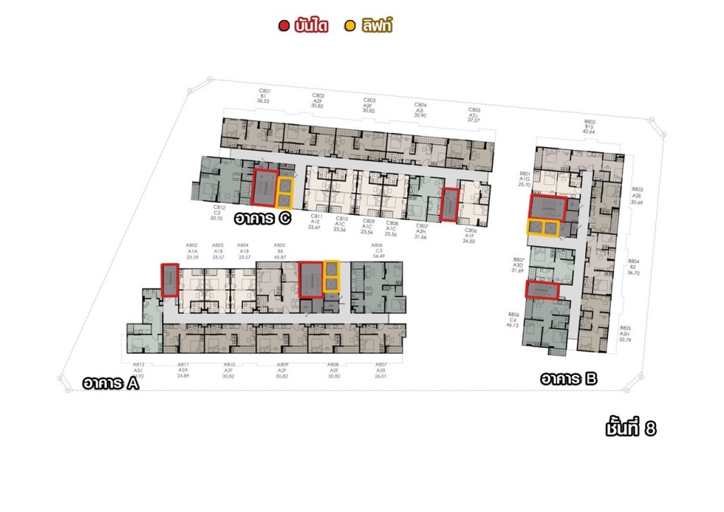 ชั้นที่ 8 อาคาร A, B และ C เป็นชั้นพักอาศัย