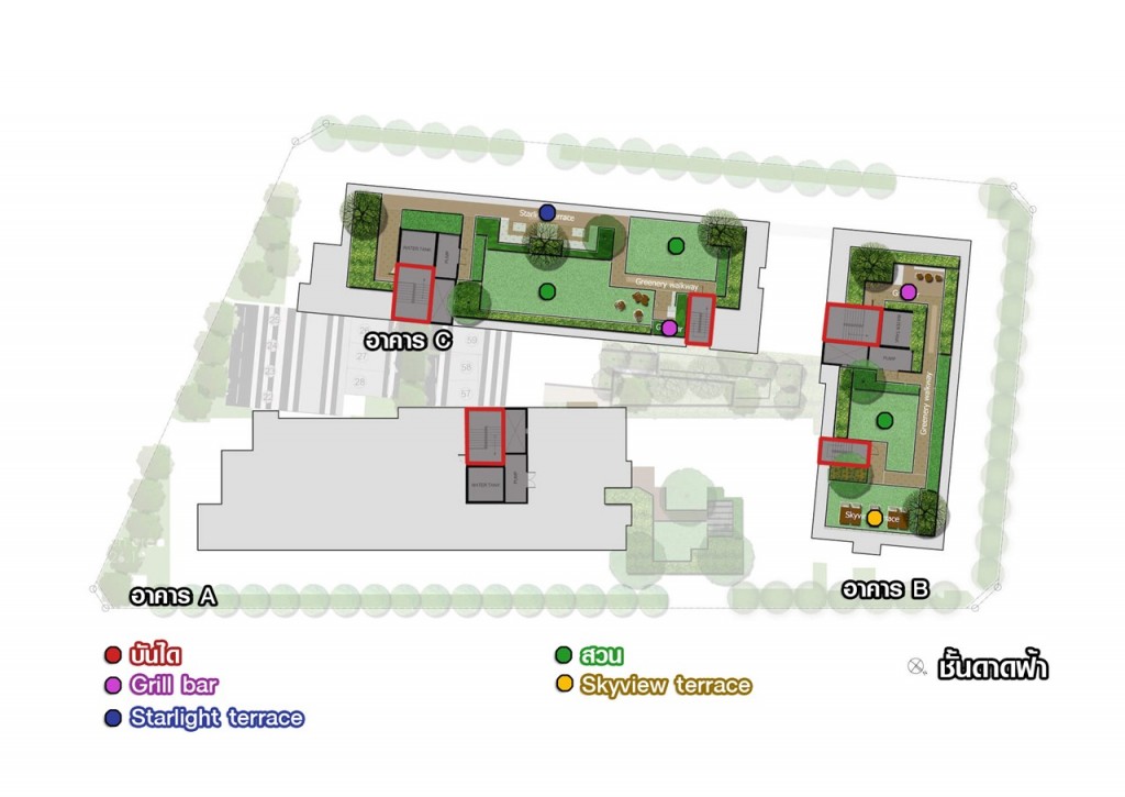 ชั้นดาดฟ้า อาคาร B เป็นพื้นที่สวน Starlight terrace ชมวิวเมือง และ Grill bar พื้นที่ปาร์ตี้ อาคาร C เป็นพื้นที่สวน Sky view terrace พื้นที่นั่งชมวิวเมือง และ Grill bar พื้นที่ปาร์ตี้