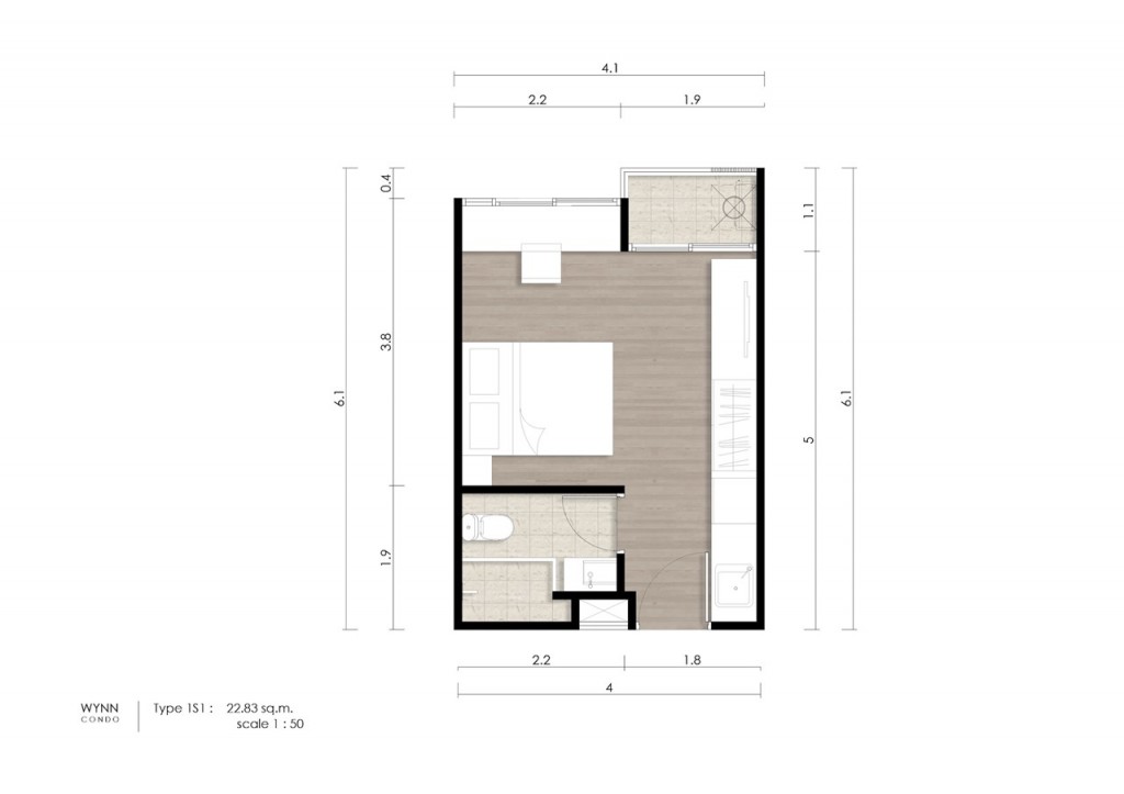 ห้องแบบสตูดิโอ พื้นที่ใช้สอยประมาณ 22.83-24.66 ตารางเมตร