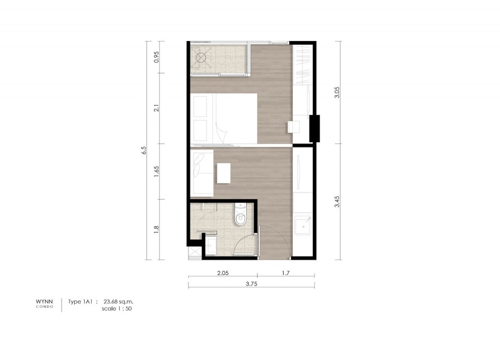 ห้องแบบ 1 ห้องนอน 1 ห้องน้ำ พื้นที่ใช้สอยประมาณ 23.47-23.68 ตารางเมตร