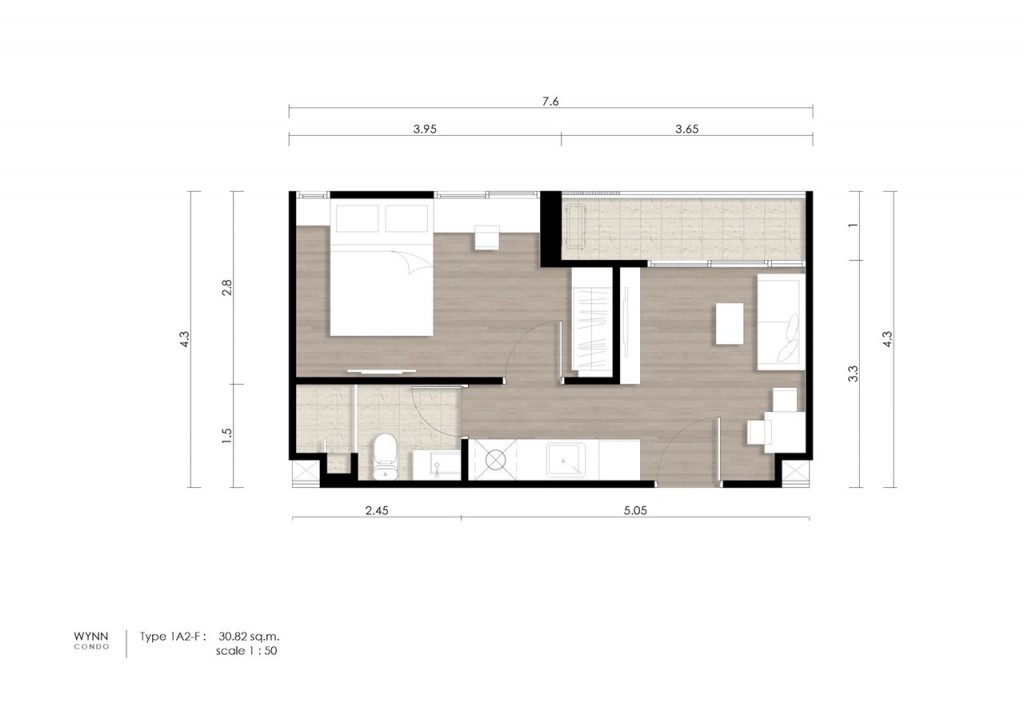 ห้องแบบ 1 ห้องนอน 1 ห้องน้ำ ขนาดพิเศษ (1 Bedroom Extra) พื้นที่ใช้สอยประมาณ 23.72-33.79 ตารางเมตร