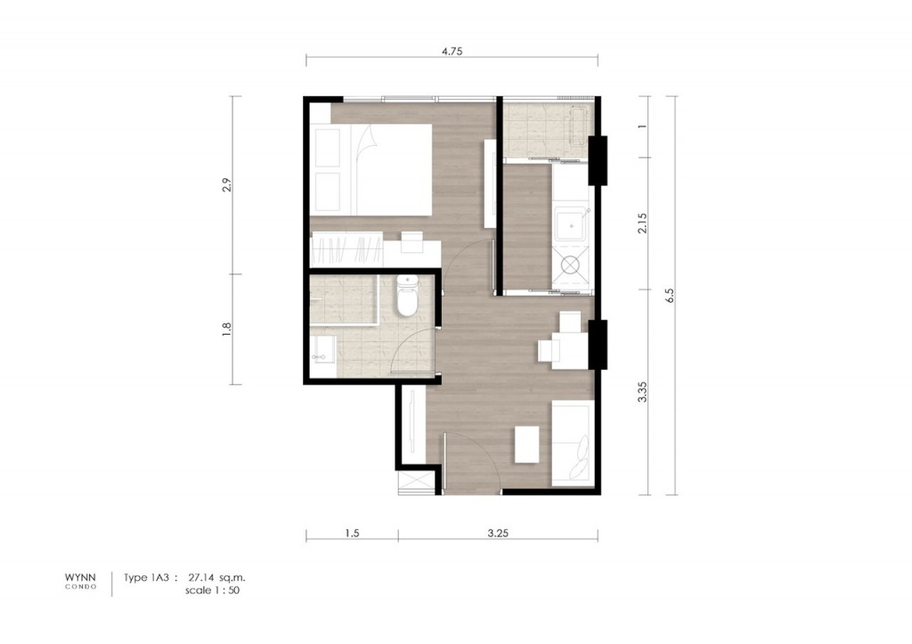 ห้องแบบ 1 ห้องนอน 1 ห้องน้ำ + แยกส่วน (1 Bedroom Exclusive) พื้นที่ใช้สอยประมาณ 27.14-39.57 ตารางเมตร