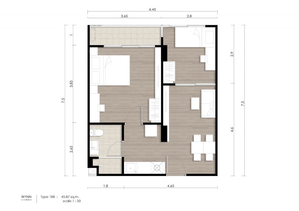 ห้องแบบ 1 ห้องนอน 1ห้องน้ำ + ห้องอเนกประสงค์ (1 Bedroom Plus) พื้นที่ใช้สอยประมาณ 36.53-49.14 ตารางเมตร