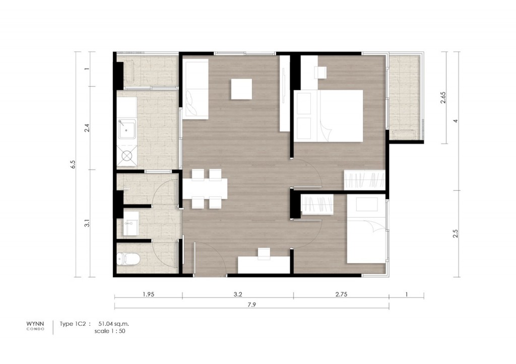 ห้องแบบ 2 ห้องนอน 1 ห้องน้ำ พื้นที่ใช้สอยประมาณ 50.31-54.49 ตารางเมตร