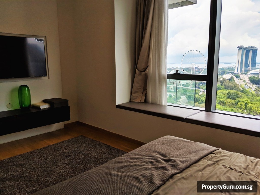 Photo of master bedroom with a view of the Singapore Flyer