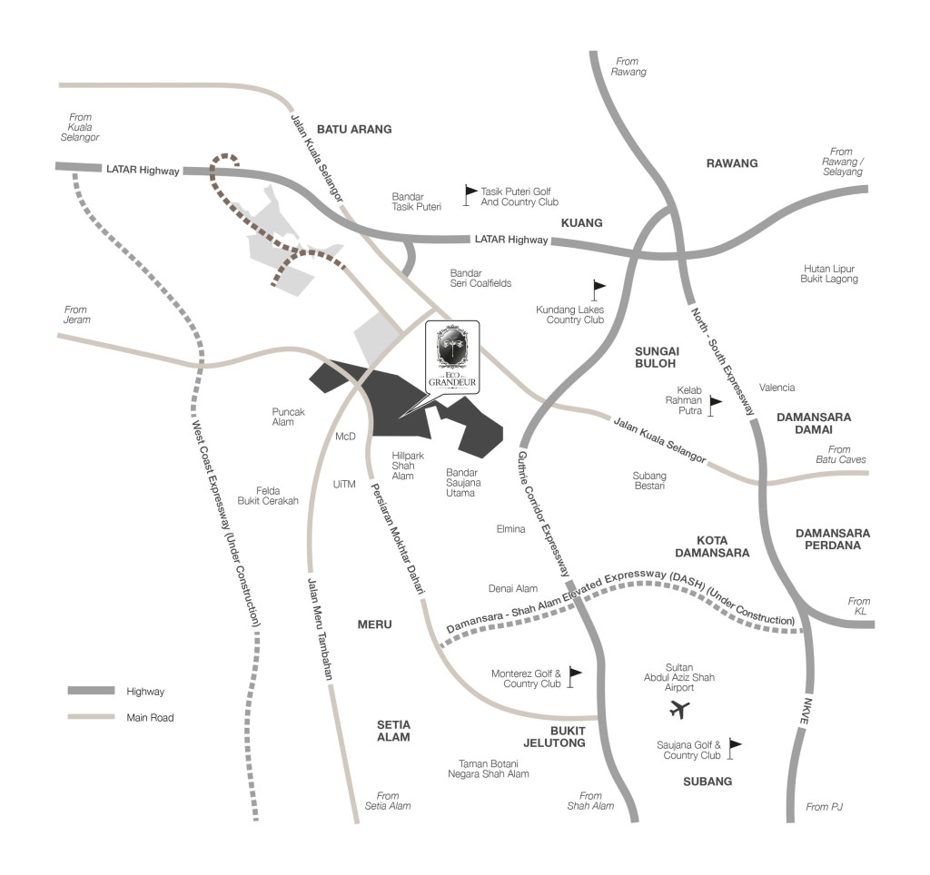 Eco Grandeur is located in the northwest of the Klang Valley, just 30 minutes from the Kuala Lumpur city centre (KLCC) via the KL-Kuala Selangor Expressway (LATAR). 