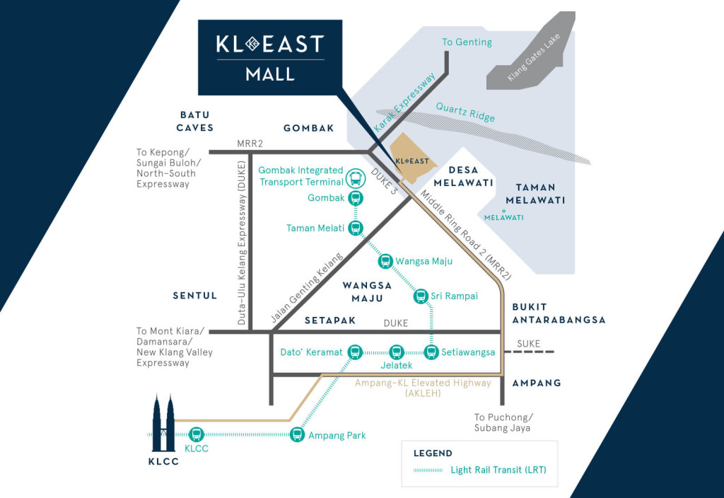KL East is located in the eastern corridor of the Kuala Lumpur city centre (KLCC), which generally encompasses the Wangsa Maju, Setiawangsa, Ampang and Ulu Klang suburbs, among others. Middle Ring Road 2 (MRR2) 