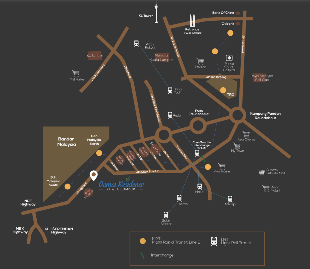 Damai Residence is located in Sg Besi and is opposite the Bandar Malaysia township.